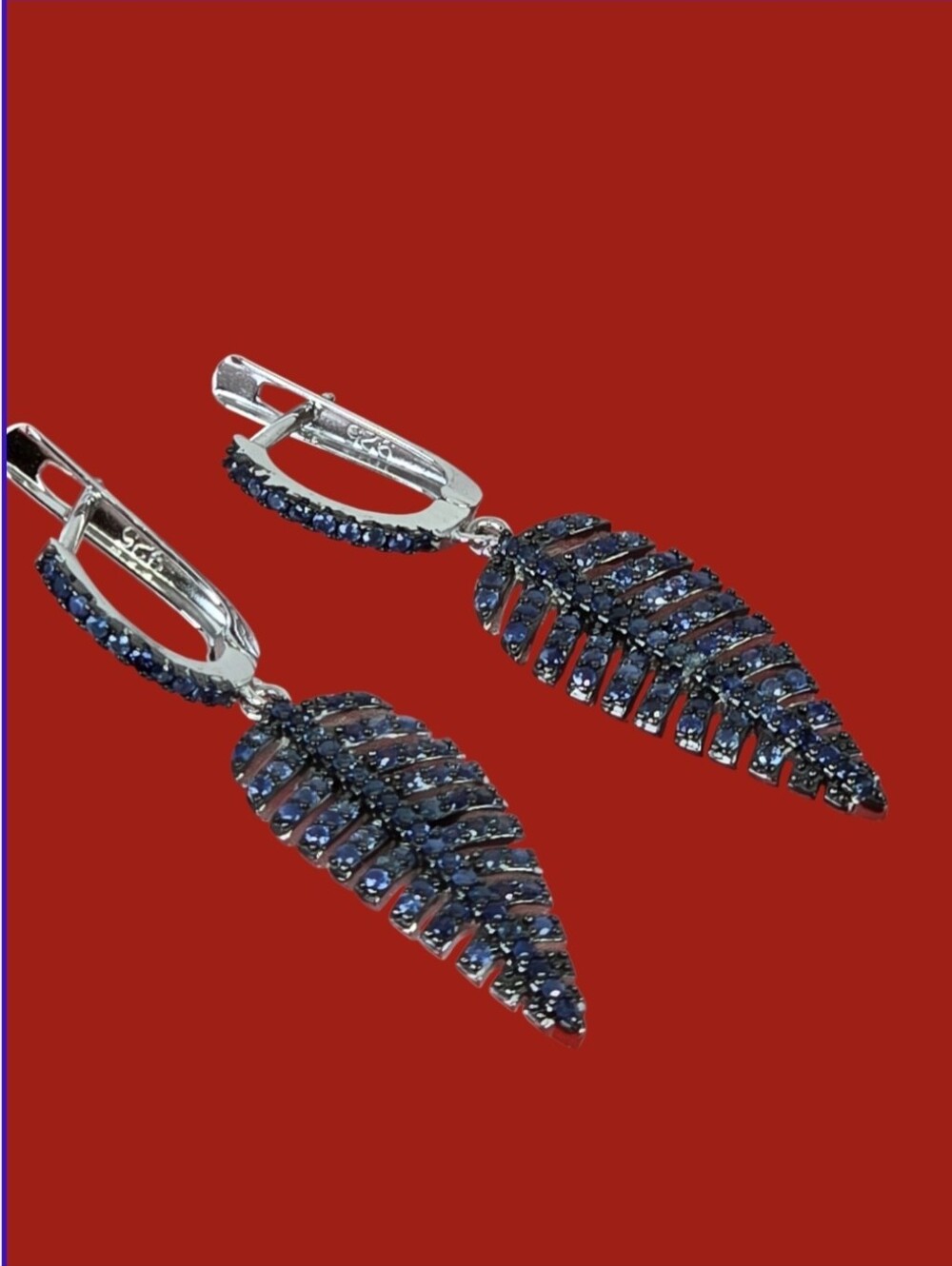 925 Sterling Silver Leaf-Shaped Earrings with Blue Sapphire Gemstone